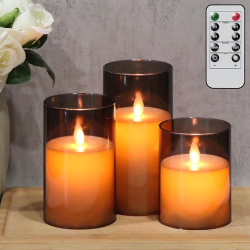 Naeryut-Lot De 3 Bougies Piliers En Verre Sans Flamme Avec Télécommande Et Minuteur,À Piles Et Mèche Mobile Incassable,En Plastique Noir Vacillant,Pour Dîner,Mariage,Vacances,Décoration