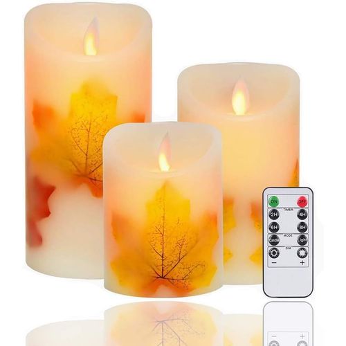 Naeryut-Lot De 3 Bougies Led En Forme De Feuille D'érable-Sans Flamme-Fonctionnement À Piles-Mèche Mobile-Avec Télécommande Et Minuterie-Pour Décoration,Mariage