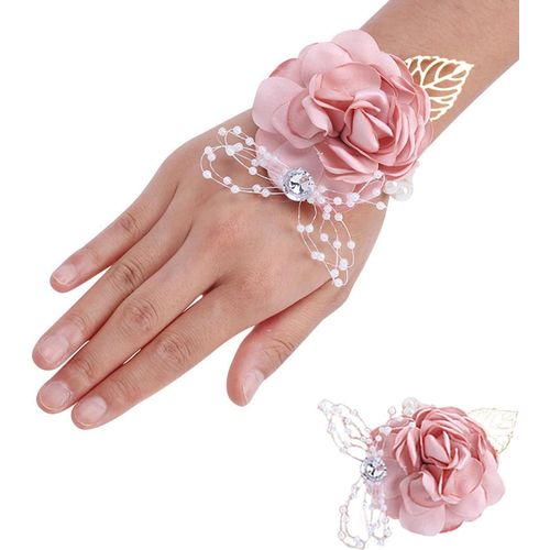 2pcs Floral Wedding Wrist With Rhinestone And Pearl, Artificial Corsage Set,Wedding Wrist,Rose Wrist Flower Wrist For Wedding Anniversary (Pink)