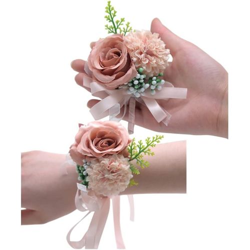 2 Pack Artificial Rose Flower Wrist Buttonholes And 3"" Eyelet For Men-Handmade Silk Flower For Wedding Prom Costume Decoration (Rose Gold)