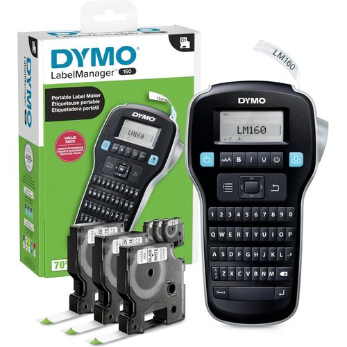 LabelManager 160 Easy to Use Portable Label Maker,One-Touch Smart Keys,QWERTY Keyboard,Large Screen,for Home and Office,Includes 3 x D1 Label Cassettes