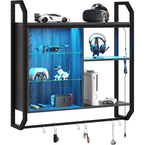 84cm Led Wall Shelf With Adjustable Tempered Glass Shelves And 6 S Hooks Industrial Design For Living Room,Kitchen Or Wine Bar Coffee