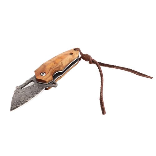 Couteau de poche pliant en acier Damas haute durete avec manche en bois d'olivier pour l'exterieur