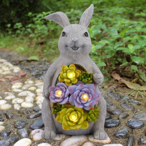 Statues De Jardin Solaires - Figurine De Lapin - Décoration De Jardin Pour L'extérieur - Statues De Jardin - Lapin Avec Lampe Solaire Succulente - Figurine Décorative Pour Patio
