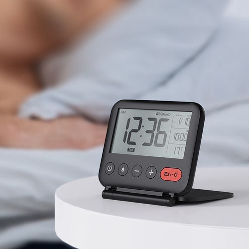 Réveil de voyage, mini horloge numérique LCD portable avec calendrier rétroéclairé, température 12/24 h, miroir de maquillage, petite horloge de bureau pliable, fonctionne avec piles (noir)