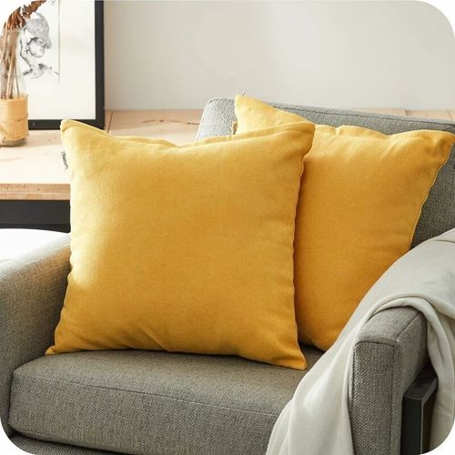 Lot De 2 Taies D'oreiller 50cmx50cm Jaune Moutarde Housse De Coussin Carrée Décorative Pour Grand Coussin Canapé Lit Décoration Chambre Salon Maison Scandinave Uni En Chenille Douce Avec Fermeture