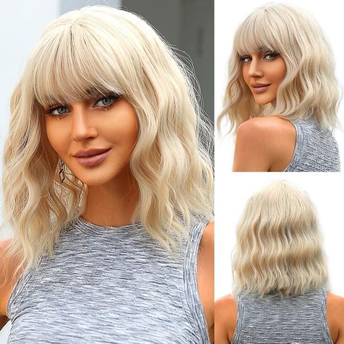 Perruque Synthétique Ondulée Courte De 14 Pouces, Blonde Claire Avec Frange, Longueur Aux Épaules, Cheveux Bouclés Ondulés, Perruque De Cosplay Pour Femme