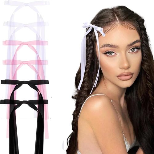 Lot De 6 Pinces À Cheveux À Double Couche Avec Pompon Et N?Ud En Ruban Pour Femmes Et Filles, Accessoires Pour Cheveux À Longue Queue, En Satin Uni