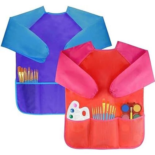 Tablier De Peinture À Manches Longues Pour Enfant (2 À 8 Ans) (Bleu Et Rouge)