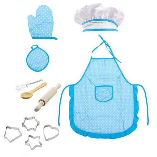 Ensemble De 11 Tabliers De Cuisine Réglables Pour Enfants (Bleu) Avec Toque De Chef, Gants De Cuisine Pour Enfants Et Tapis Résistant À La Chaleur Pour Garçons Et Filles De 3 À 8 Ans