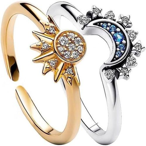 Lot De 2 Bagues Scintillantes En Argent Plaqué Or, Motif Soleil Et Lune, Réglables, Pour Promesse De Couple, Bagues D'anxiété, Bagues Réglables, Cadeau Pour Femme