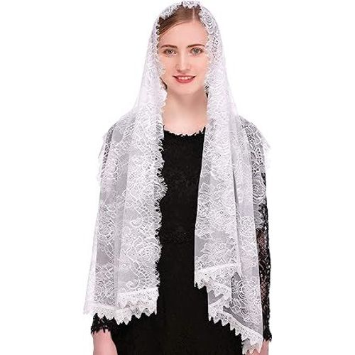 ¿Blanc¿Voile De Chapelle Catholique En Dentelle Espagnole, Voile De Mantille Florale, Châle Enveloppant, Couvre-Chef De Messe, Forme Rectangulaire