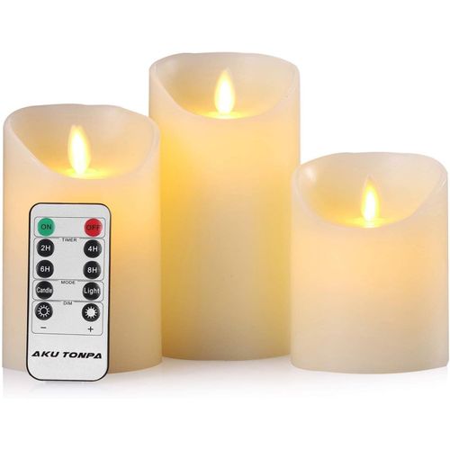 Ershi-Bougies À Led Lot De 3 Bougies Led Sans Flamme À Piles En Cire Véritable Avec Mèche Mobile Et Télécommande - Minuterie De 24[1