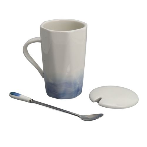 Tasse A Cafe En Ceramique 400 Ml, Style Peinture A L'encre, Avec Couvercle Cuillere, Pour La Maison Et Le Bureau, Bleu