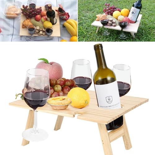 Table De Pique-Nique A Vin D'exterieur, Table De Pique-Nique Portable Pliante Et Plateau A Fromage Avec Disposition Stable Des Aliments, Table En Verre A Vin En Bois Massif Pour Concerts Au Parc