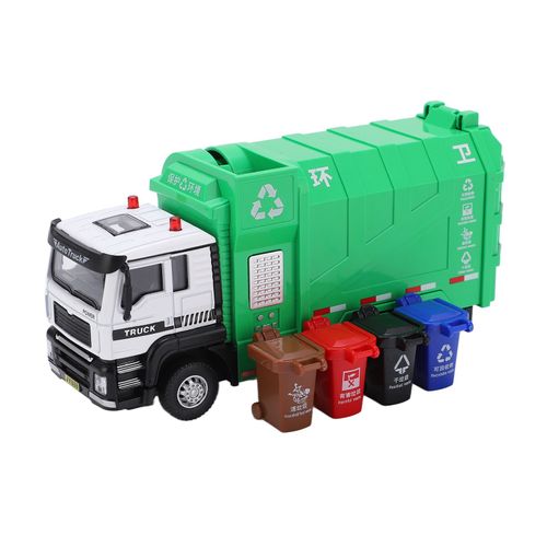 Camion poubelle jouet multifonctionnel 1:50 en alliage a retrofriction, ensemble de jouets de camion de recyclage avec 4 poubelles