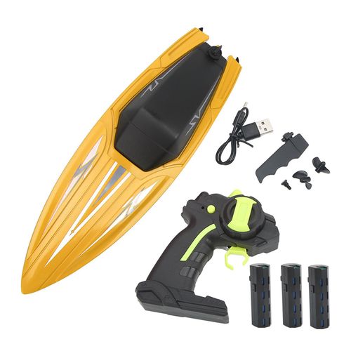 Bateau telecommande, bateau RC, etanche, haute vitesse, modele de bateau, jouet pour les plus de 14 ans, jaune, avec 3 piles