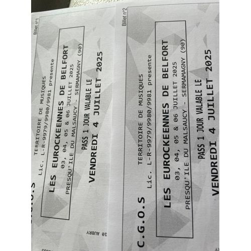 Deux Billets Eurockeennes Belfort 4 Juillet 2025