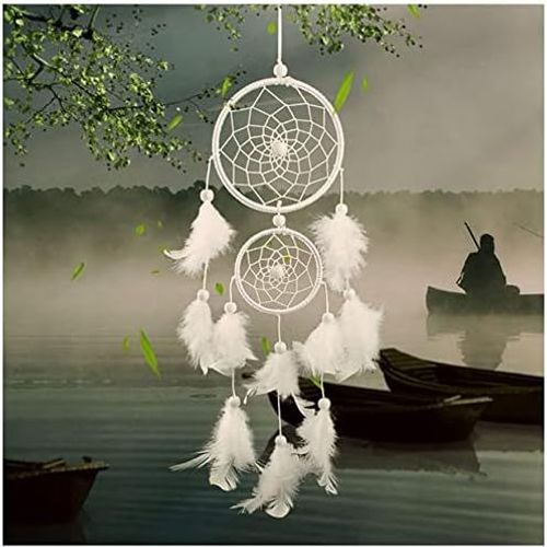 Attrape-rêves en plumes, grand attrape-rêves avec 2 cercles pour décoration de chambre, Noël, mobile décoratif mural, cadeau pour filles et enfants (blanc)