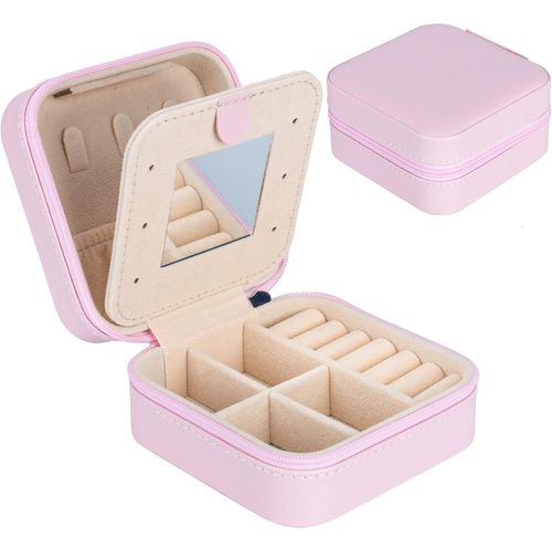 Mini boîte à bijoux portable (rose) ¿ Boîte à bijoux de voyage double couche en cuir avec miroir ¿ Pour bagues, boucles d'oreilles, colliers, bracelets, bijoux ¿ Coffret cadeau pour filles et femmes