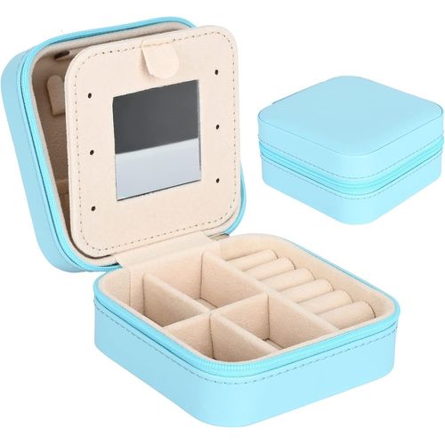 Mini boîte à bijoux portable (bleue) ¿ Boîte à bijoux de voyage double couche en cuir avec miroir ¿ Pour bagues, boucles d'oreilles, colliers, bracelets, bijoux ¿ Coffret cadeau pour filles et femmes