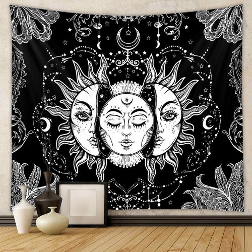Tapisserie de Tarot Soleil et Lune, Tapisserie Céleste Noire Psychédélique, Tenture Murale, Tapisserie Indienne Mandala Bohème Hippie (A-Soleil et Lune, M/130cmx150cm)
