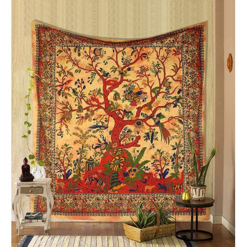 Tapisserie murale Arbre de vie jaune, tapisseries psychédéliques, couvre-lit double en coton indien, assiette de pique-nique, décoration murale, art mural de plafond