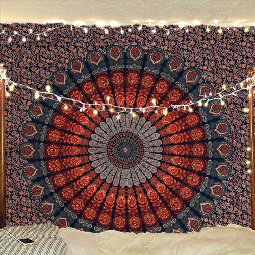 Tapisserie murale indienne hippie bohème psychédélique paon mandala (bleu doré, taille Queen (180 x 230 cm))