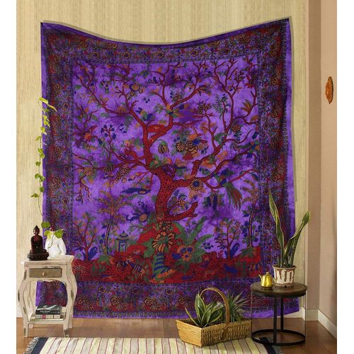 Tapisserie murale Arbre de vie violet, tapisseries psychédéliques, couvre-lit double en coton indien, plaque de pique-nique, décoration murale, art mural de plafond