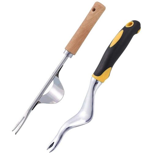 Lot de 2 désherbeurs manuels en acier inoxydable, manche en bois, outil de jardinage, désherbeur de pissenlits, fourche à racines manuelle en forme de Y