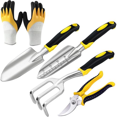 Outils de jardinage, kit de 5 outils de jardinage pour adultes en aluminium antirouille, avec sécateur, fourche et transplantoir