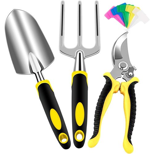 Outils de jardinage, kit de 3 outils de jardinage pour adultes en aluminium antirouille, avec sécateur, fourche et transplantoir