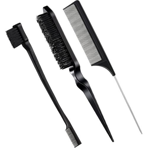 Lot De 3 Brosses À Cheveux À Bords En Poils (Noir, Plastique), Brosse À Bords Double Face, Peigne À Dos Lisse, Peigne À Double Tranchant, Peigne À Queue De Rat Pour Femmes, Enfants Et Bébés