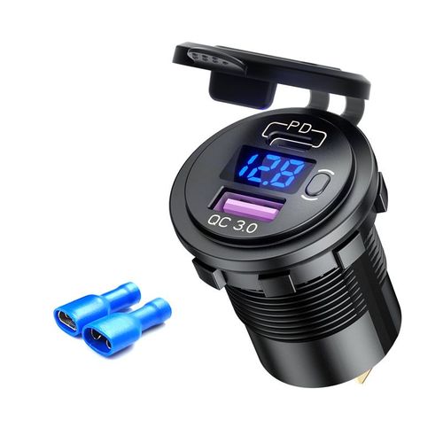 Chargeur De Voiture Usb-C Bleu 12 V/24 V, Prise Qc3.0 Pd, Charge Rapide, Adaptateur Secteur Avec Voltmètre, Pour Voiture, Camion, Bateau, Moto