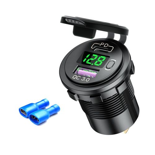 Chargeur De Voiture Usb-C Vert 12 V/24 V, Prise Qc3.0 Pd, Charge Rapide, Adaptateur Secteur Avec Voltmètre, Pour Voiture, Camion, Bateau, Moto