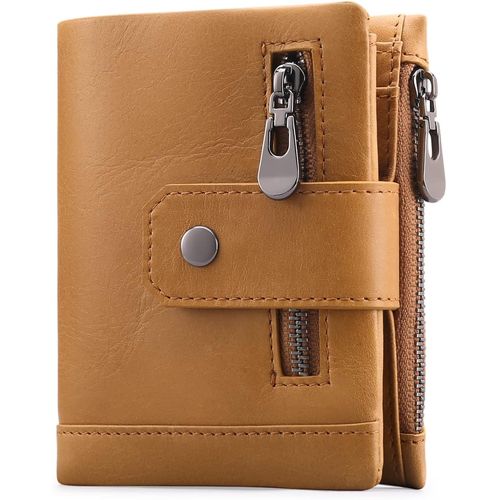 Kaki - Portefeuille homme en cuir véritable avec blocage RFID, portefeuille à deux volets pour homme avec 11 emplacements pour cartes de crédit et 2 porte-monnaie zippés (1 pièce)