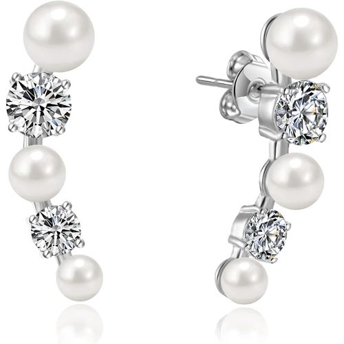 Boucles D'oreilles Grimpantes En Perles Blanches Créées Avec Des Cristaux De Zircone