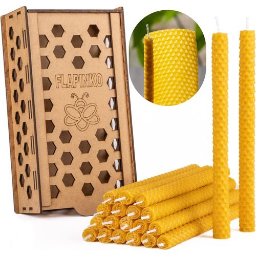 Asas-Bougies En Cire D'abeille Coniques Fait Main,20 Pcs Légèrement Étroites | 100% Bio,Naturel,Pur,Mèche En Coton|Texture Nid D'abeille|Ensemble Cadeau Avec Boîte En Bois|Premium,Dîner,Bistro