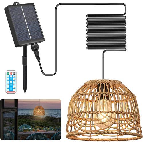 Asas-Led Lampe Solaire Suspendue Extérieur,Intérieur Led Luminaire Pendant Solaire Rotin Avec Télécommande Ip65 Étanche,Pour Maison Jardin Cabanon Pergola Garage (Avec Câble De 5m)