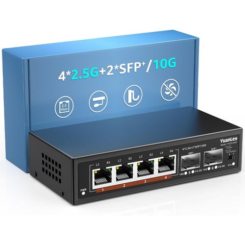 asas-6 Port 2.5G Switch Ethernet Umanaged,4 X 2.5G Base-T Ports,2 X 10G Sfp,Métal,Sans Ventilateur,Commutateur Réseau 10/100/1000M/2.5Gbe Pour Ap Sans Fil,Nas,Pc,Montage Mural