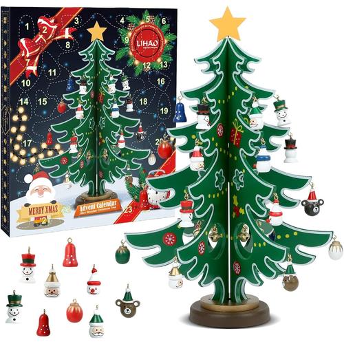 Calendrier de l'Avent 2023, Mini Sapin de Noël en Bois pour Decorations Noel Table Cadeaux Enfants