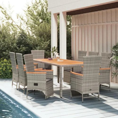 Prolenta Premium - Ensemble À Manger De Jardin 9 Pcs Coussins Gris Résine Tressée