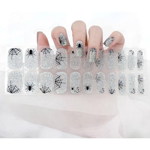 Letnerny-22pcs Halloween Gel Vernis À Ongles Autocollants, Auto-Adhésif Gel Nail Stickers, Qualité Salon Bandes D'ongles En Gel Avec Toile D'araignée Dessin, Uv/Led Lampe Requ (Paillettes Argent) 