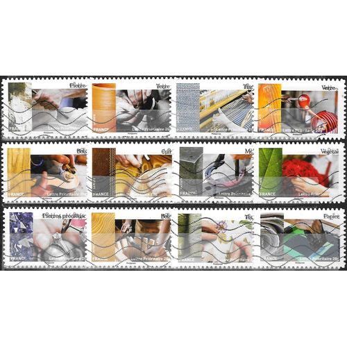 France 2015, Belle Série Complète 12 Timbres Yvert 1070 À 1081, Les Métiers De L´Artisanat En France, Ébénisterie, Verre, Tissage, Cuir, Métal, Broderie, Tonnellerie, Pierre, Terre... Oblitérés, Tbe.