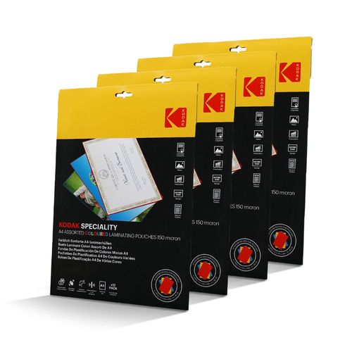 Kodak Pochettes De Plastification A4 ¿ Kd-Lma4clr-Pk12c ¿ Lot De 4 X 12 (48), 150 Microns, Couleurs Assorties : Rouge, Jaune, Bleu