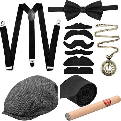 1920s Men's Fancy Dress Accessories,Gatsby Costume Kit With Beret,Vintage Pocket Watch,Adjustable Straps,Butterfly Bow,Fake Cigar And Moustache,For Carnival Masquerade Party