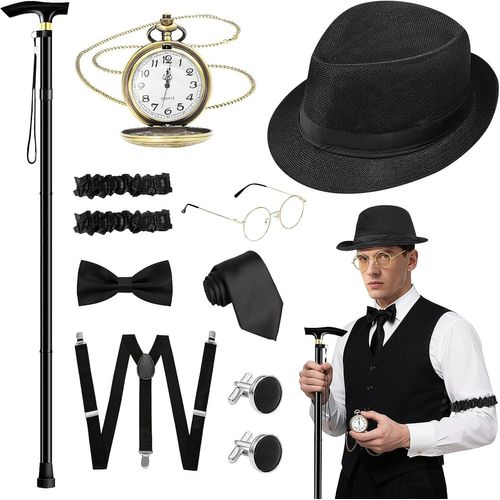 1920s Vintage Costume Accessories Set For Men With Adjustable Metal Folding Cane Bowtie Glasses And Suspenders For Roaring Twenties Party.[K606]