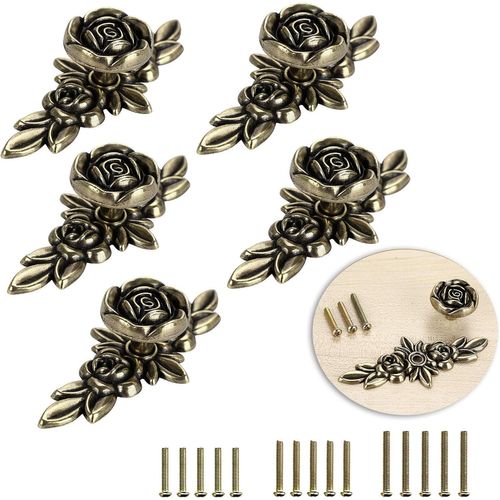5 Pack Rose Shaped Drawer Knobs For Cupboard,Cabinet,Dresser With Plate,Home Decorative Knobs (100mm,Antique Bronze)