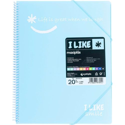 Classeur De 20 Pochettes A4 Spirale Bleu Clair,Polypropylene,I Like Smile