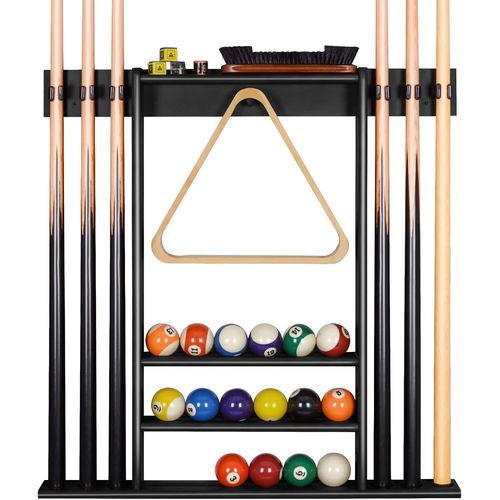 Support de Queue de Billard,Support Mural de Baton de Billard avec Support de Rangement,Bois Massif,Support de Billard 6 Trous et 15 Porte-balles,pour Centre de Divertissement de Gym